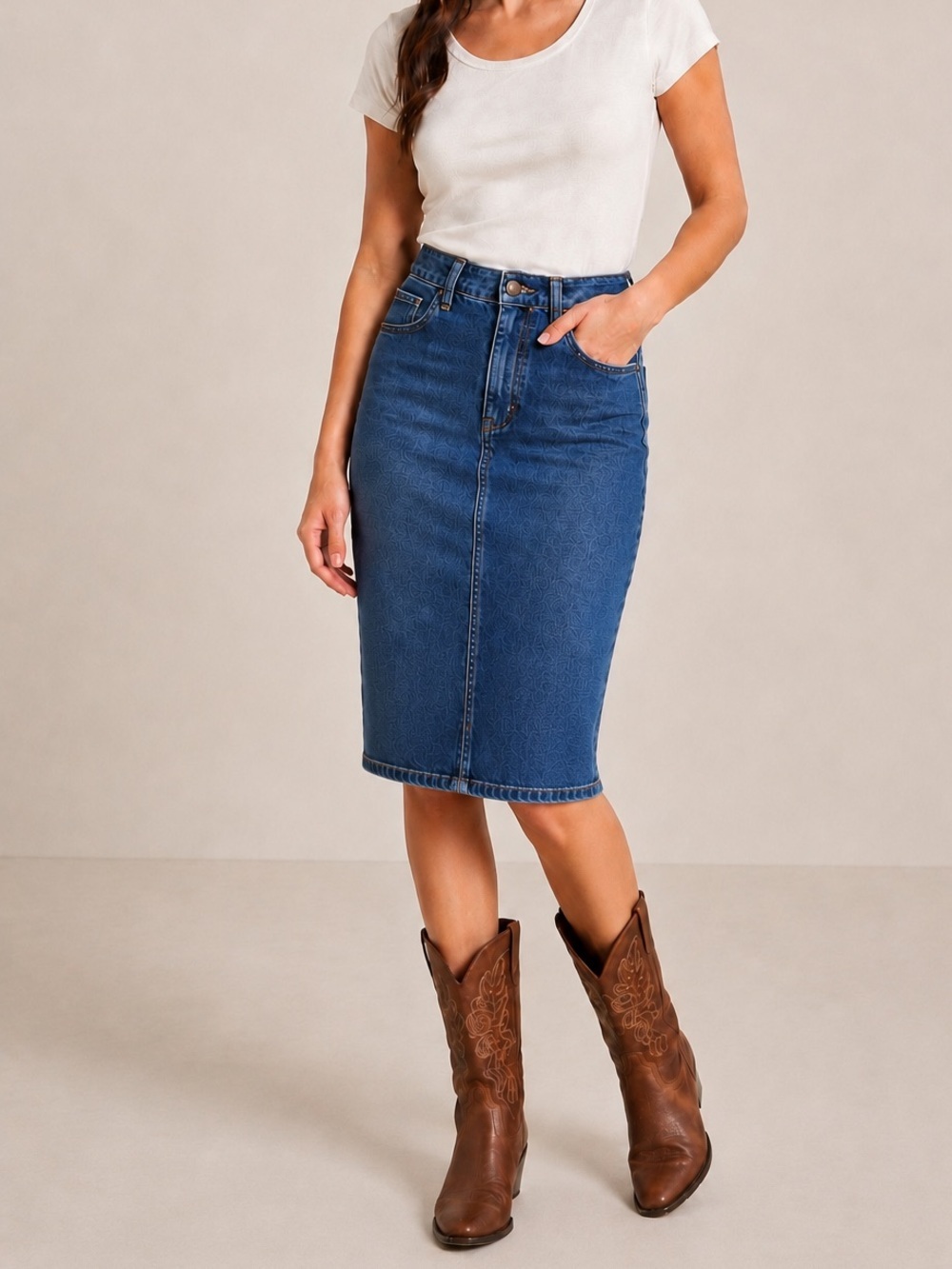 WRANGLER Denim Jean Midi Pencil Skirt XL Stretch Western Rodeo Cowgirl